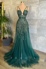 P1417 - A-Line Straps Appliques Sleeveless Tulle Evening Formal Dress with Beading