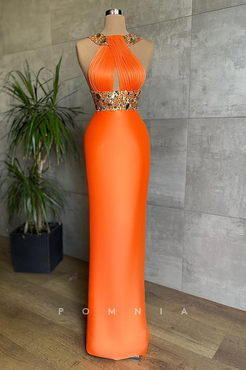 P1418 - High Neck Beads Sleeveless Column/Sheath Long Evening Fprmal Dress