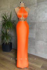 P1418 - High Neck Beads Sleeveless Column/Sheath Long Evening Fprmal Dress