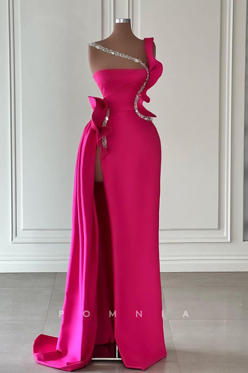 P1420 - One Shoulder Scoop A-Line Side Split Sleeveless Evening Formal Dress