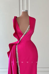P1421 - A-Line Deep V-Neck High Split Ruched Sleeveless Long Formal Evening Dress