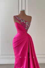 P1422 - One Shoulder Beading Pleats Sleeveless Evening Formal Dress with Split