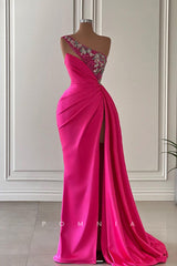 P1422 - One Shoulder Beading Pleats Sleeveless Evening Formal Dress with Split