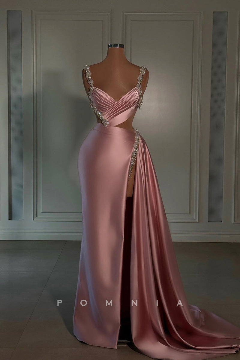 P1423 - Classy Straps V-Neck Side Slit Beads Long Evening Prom Party Dress with Train