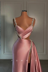 P1423 - Classy Straps V-Neck Side Slit Beads Long Evening Prom Party Dress with Train