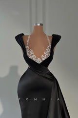 P1424 - A-Line Halter Beads Sleeveless Satin Evening Formal Prom Dress with Train