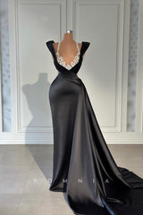 P1424 - A-Line Halter Beads Sleeveless Satin Evening Formal Prom Dress with Train