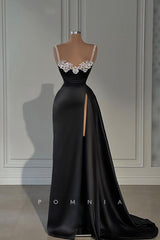 P1425 - A-Line Straps Beading High Slit Sleeevless Prom Evening Dress with Train