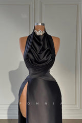 P1426 - High Neck Beads Sleeveless Pleats Sdie Split Satin Long Evening Formal Dress