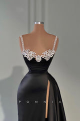 P1425 - A-Line Straps Beading High Slit Sleeevless Prom Evening Dress with Train