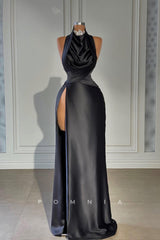P1426 - High Neck Beads Sleeveless Pleats Sdie Split Satin Long Evening Formal Dress
