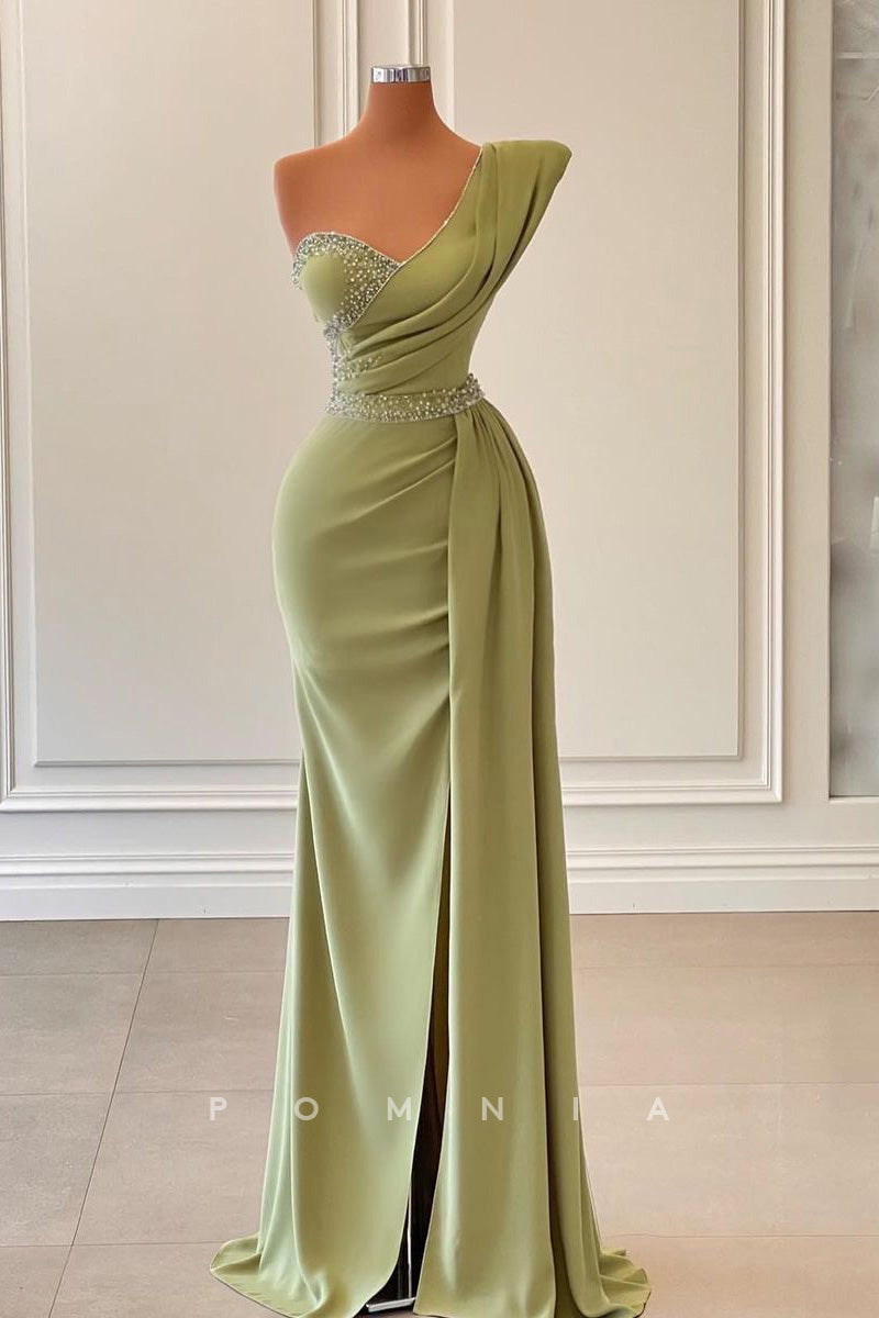 P1427 - One Shoulder Beads Sheath Pleats Sleeveless Prom Formal Evening Dress with Slit