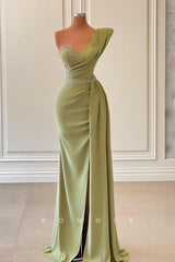 P1427 - One Shoulder Beads Sheath Pleats Sleeveless Prom Formal Evening Dress with Slit