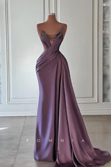 P1430 - A-Line One Shoulder Ruched Sleeveless Long Evening Formal Dress with Beading