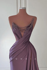 P1430 - A-Line One Shoulder Ruched Sleeveless Long Evening Formal Dress with Beading