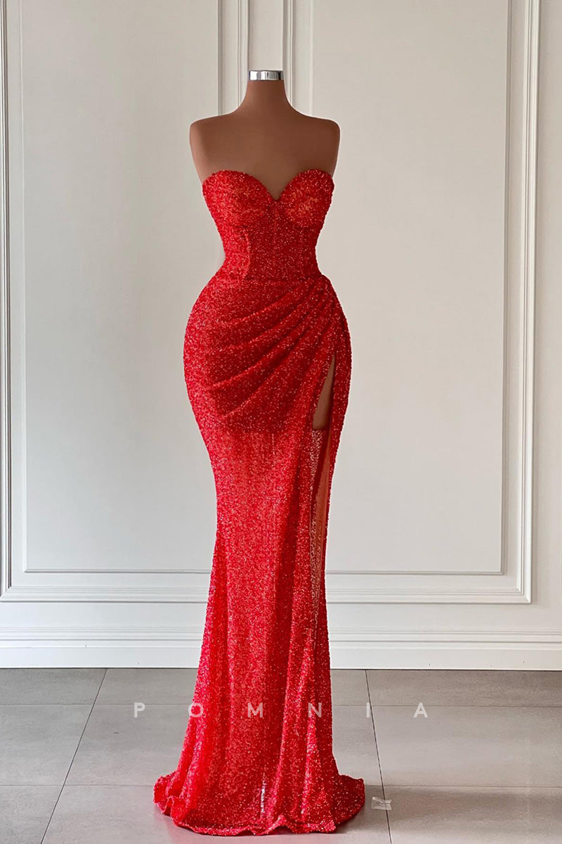 P1431 - Strapless Sweetheart High Split Beading Pleats Sleeveless Prom Party Dress