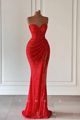 P1431 - Strapless Sweetheart High Split Beading Pleats Sleeveless Prom Party Dress