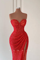 P1431 - Strapless Sweetheart High Split Beading Pleats Sleeveless Prom Party Dress