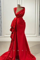 P1432 - Mature A-Line Ruched Sleeveless High Slit Satin Evening Formal Dress with Train