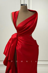P1432 - Mature A-Line Ruched Sleeveless High Slit Satin Evening Formal Dress with Train