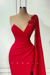 P1433 - One Shoulder V-Neck Beads Side Slit Satin Long Evening Formal Dress
