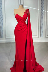 P1433 - One Shoulder V-Neck Beads Side Slit Satin Long Evening Formal Dress
