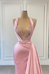 P1434 - Halter Deep V-Neck Beads Pleated Sleeveless Formal Evening Dress with Train