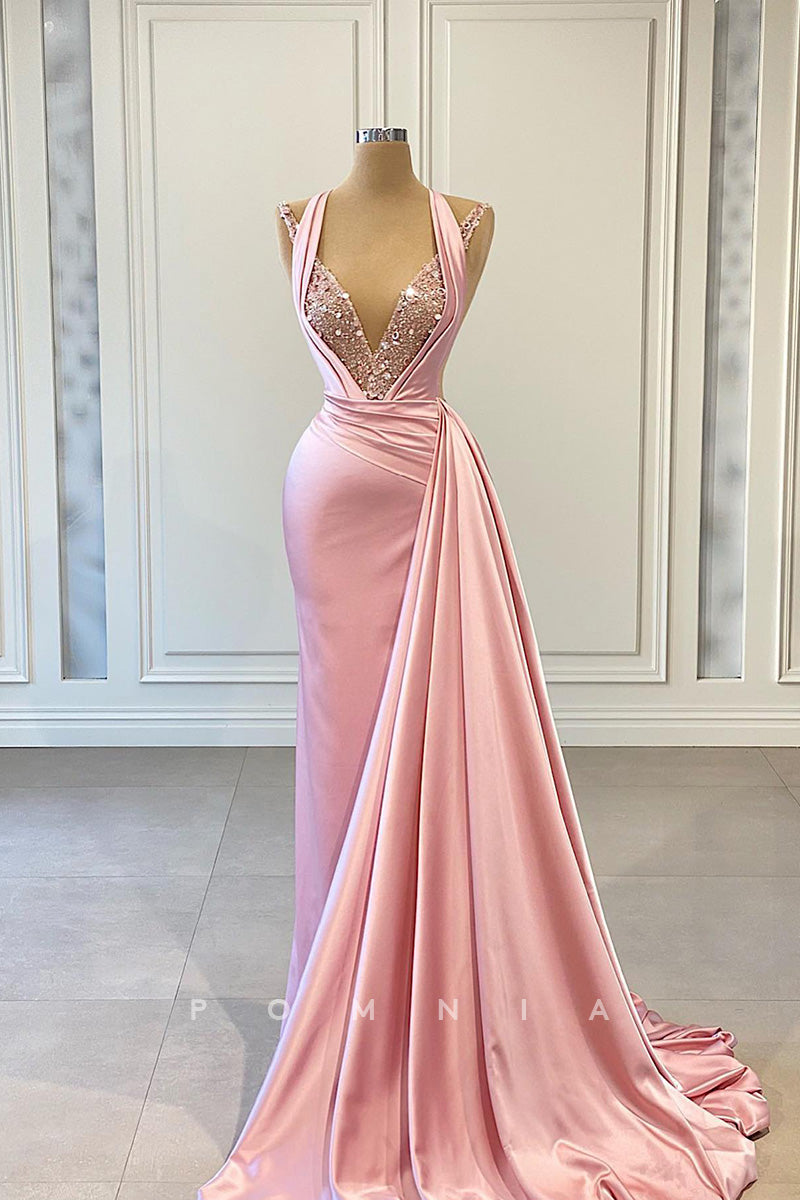 P1434 - Halter Deep V-Neck Beads Pleated Sleeveless Formal Evening Dress with Train