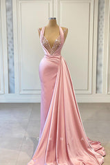 P1434 - Halter Deep V-Neck Beads Pleated Sleeveless Formal Evening Dress with Train