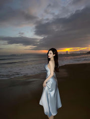 Modest A Line Strapless Light Sky Blue Backless Prom Dress P1436