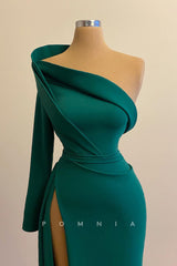 P1439 - One Shoulder High Slit Satin Column Long Evening Formal Dress with Sleeves