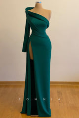 P1439 - One Shoulder High Slit Satin Column Long Evening Formal Dress with Sleeves