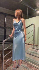 Modest Sheath Straps Light Sky Blue Backless Prom Dress P1441