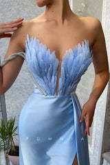 P1442 - Off-Shoulder V-Neck Feathers A-Line Sleeveless Evening Prom Formal Dress