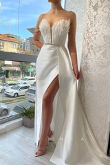 P1443 - Strapless Feathers V-Neck Beads Sleeveless Long Prom Evening Dress with Split