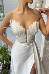 P1443 - Strapless Feathers V-Neck Beads Sleeveless Long Prom Evening Dress with Split