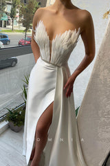 P1443 - Strapless Feathers V-Neck Beads Sleeveless Long Prom Evening Dress with Split