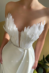 P1443 - Strapless Feathers V-Neck Beads Sleeveless Long Prom Evening Dress with Split