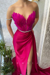 P1443 - Strapless Feathers V-Neck Beads Sleeveless Long Prom Evening Dress with Split