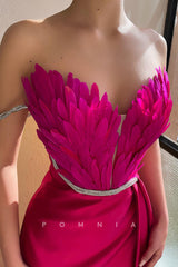 P1443 - Strapless Feathers V-Neck Beads Sleeveless Long Prom Evening Dress with Split