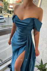 P1445 - A-Line Strapless V-Neck Cap Sleeves Satin Prom Evening Formal Dress with Slit