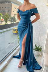P1445 - A-Line Strapless V-Neck Cap Sleeves Satin Prom Evening Formal Dress with Slit