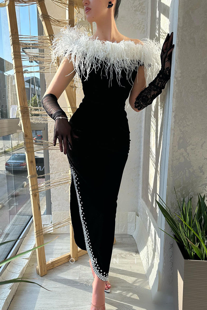P1448 - Gorgeous Strapless Feathers Beading Black Evening Formal Dress with Split