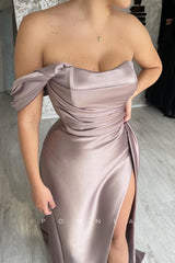 P1450 - Off-Shoulder Scoop A-Line Sleeveless Satin High Slit Evening Formal Dress