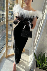 P1448 - Gorgeous Strapless Feathers Beading Black Evening Formal Dress with Split