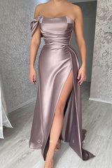 P1450 - Off-Shoulder Scoop A-Line Sleeveless Satin High Slit Evening Formal Dress