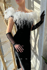 P1448 - Gorgeous Strapless Feathers Beading Black Evening Formal Dress with Split