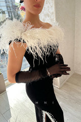 P1448 - Gorgeous Strapless Feathers Beading Black Evening Formal Dress with Split