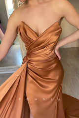 P1451 - Off Shoulder V-Neck Split Pleats Satin Long Evening Prom Party Dress with Train