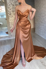 P1451 - Off Shoulder V-Neck Split Pleats Satin Long Evening Prom Party Dress with Train